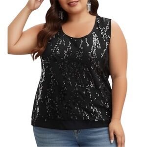 Sequin Embellished Black Sleeveless Layer Tank Top Size 1X